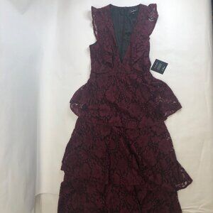 NWT Lulu's Molinetto Sleeveless Burgundy Lace Ruffled Toered Maxi Dress Size S